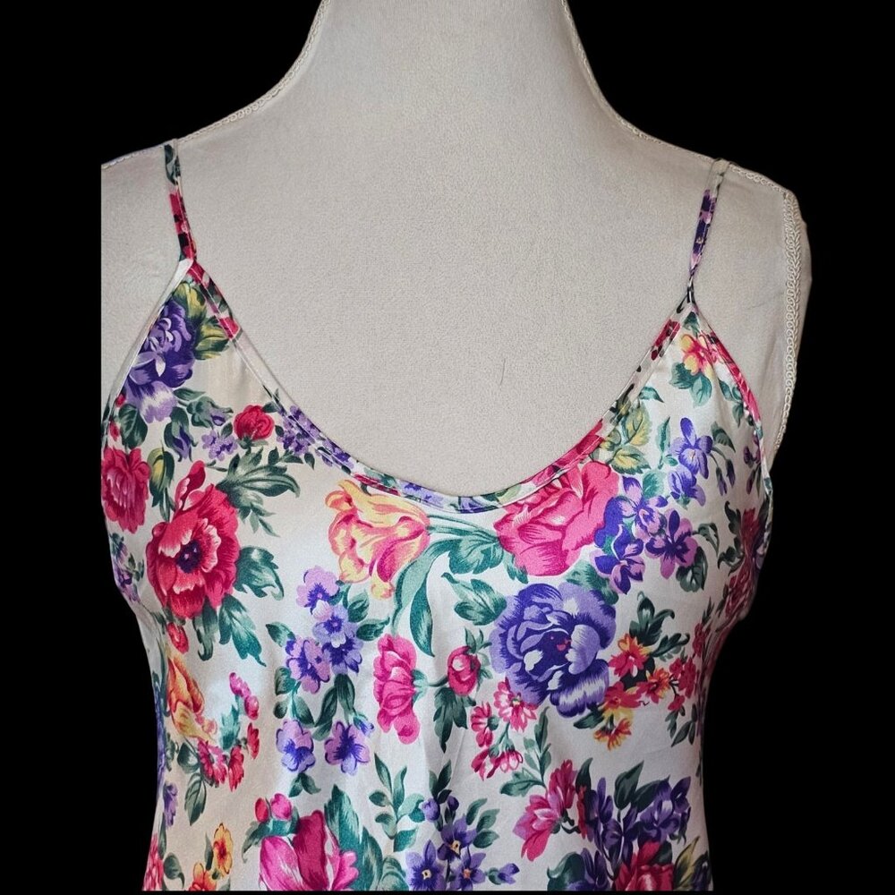 90s Satin White Floral Mini Slip Dress Pink Purple Size S Small Low Back Short - Picture 4 of 11